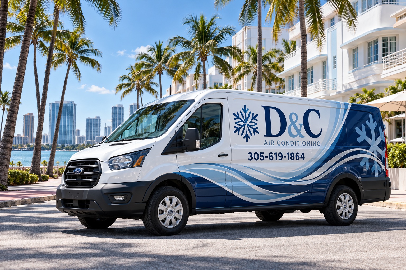 Furgoneta de servicio de D&C Air Conditioning en una calle de Miami con palmeras
